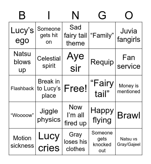 Fairy Tail Bingo Card