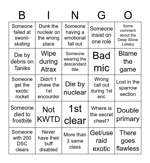 Destiny 2 DSC Bingo Card