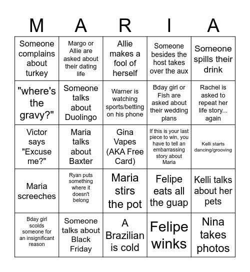 Thank Givings for Maria Bingo Card