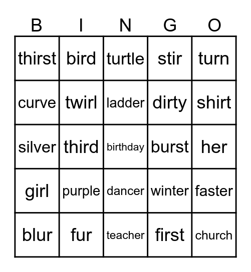 er, ur and ir Bingo Card