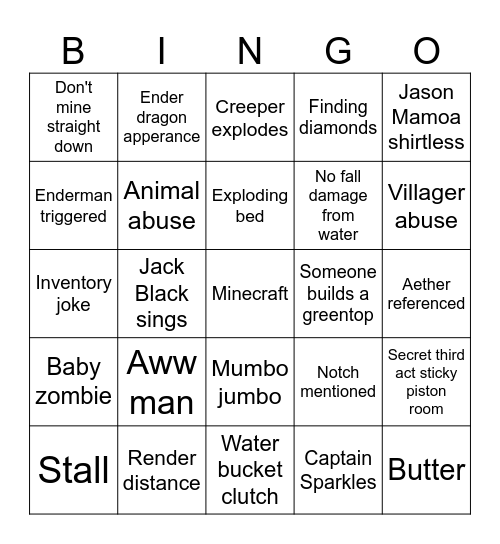 Minecraft Movie Drinking Bingo Card