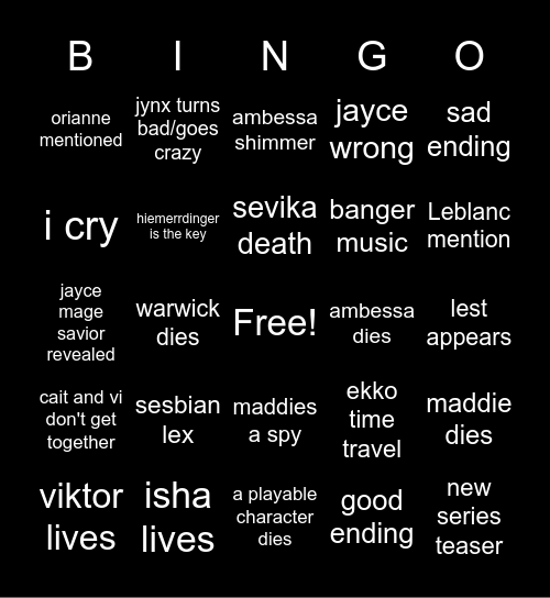 Arcane A3 Bingo Card