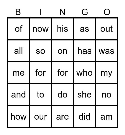 3 Letter Sight Words Bingo Card