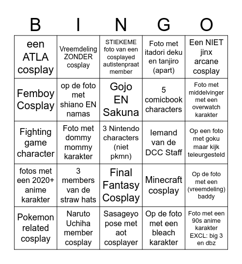 DCC COSPLAY BINGO Card