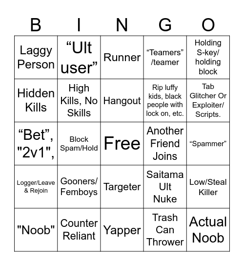 TSBG Bingo!!!!!!!!!!!!!!!!!! Bingo Card