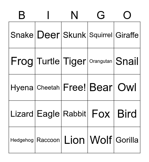 Forest Animals Bingo Card