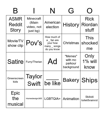 YouTube shorts Bingo Card