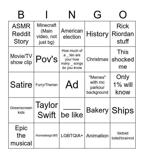 YouTube shorts Bingo Card