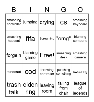 Gamer Rage Bingo Card