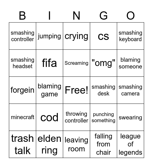 Gamer Rage Bingo Card