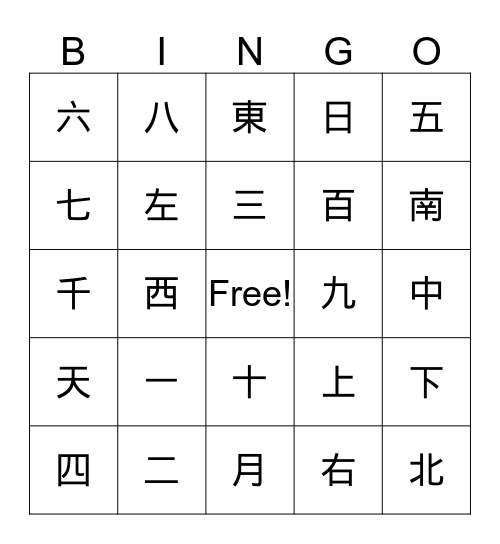 Chinese Numbers/Directions/Sky/Sun/Moon Bingo Card