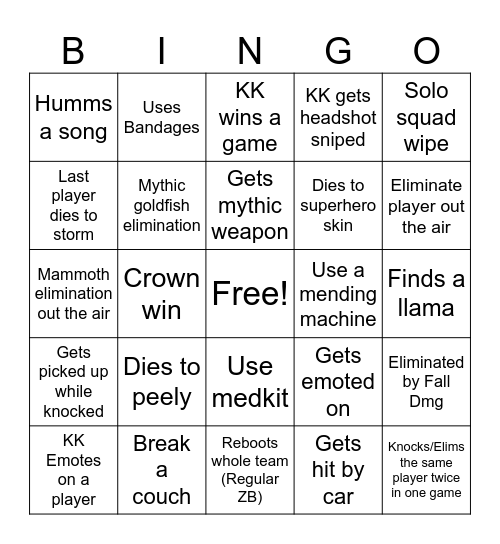 FORTNITE BINKKO 3.0 Bingo Card