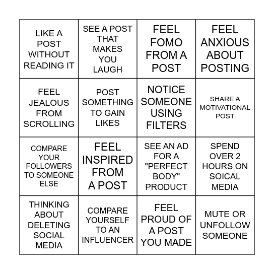 SOCIAL MEDIA AND SELF-ESTEEM Bingo Card