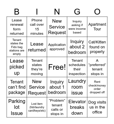 Leasing Office Bingo Card