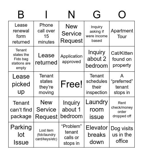 Leasing Office Bingo Card