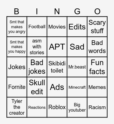 Youtube shorts bingo! Bingo Card