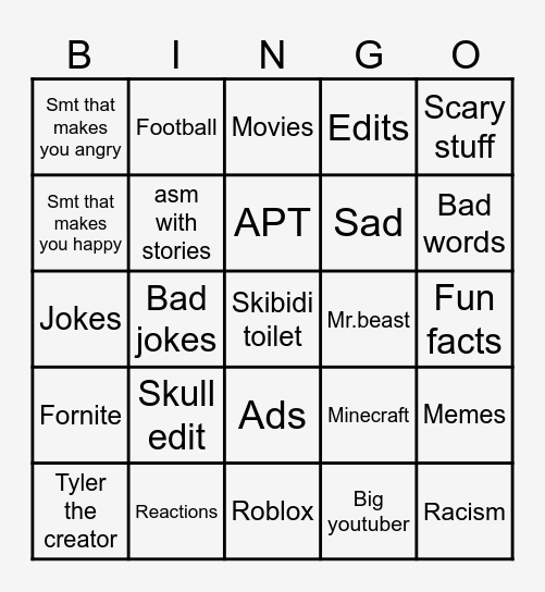 Youtube shorts bingo! Bingo Card