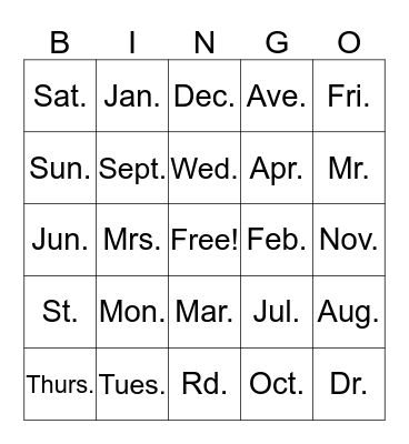 Abbreviations Bingo Card