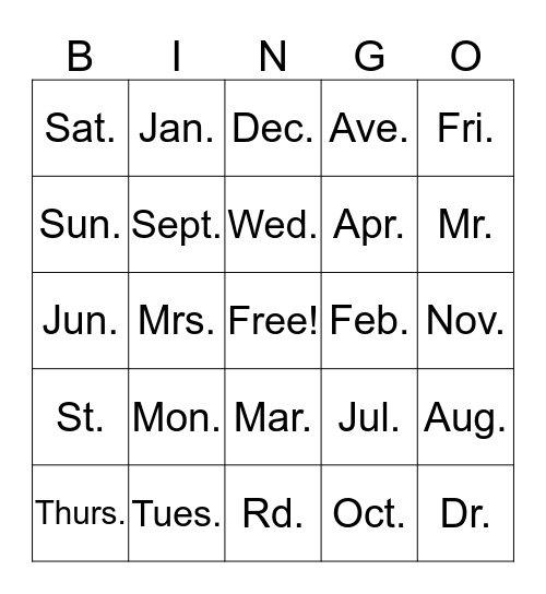 Abbreviations Bingo Card