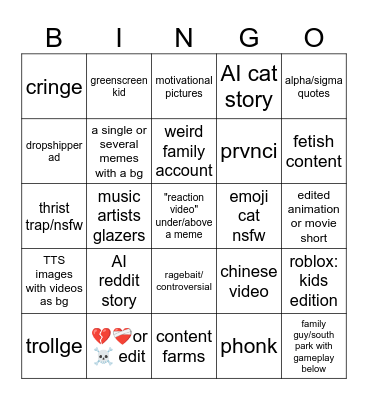 YT Shorts Brainrot Bingo Card