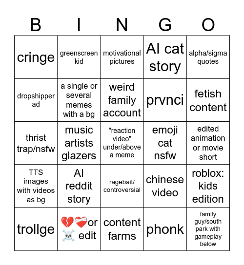 YT Shorts Brainrot Bingo Card