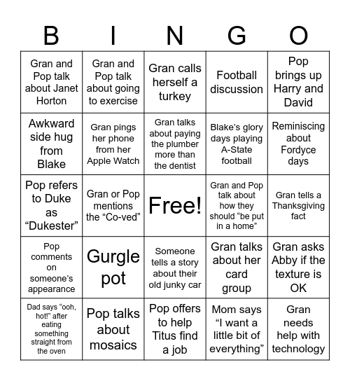 Denison Family Bingo 2024 Bingo Card