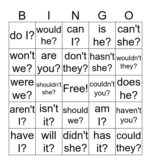 Tag Questions Bingo Card