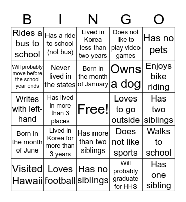 Getting to Know You Bingo Card