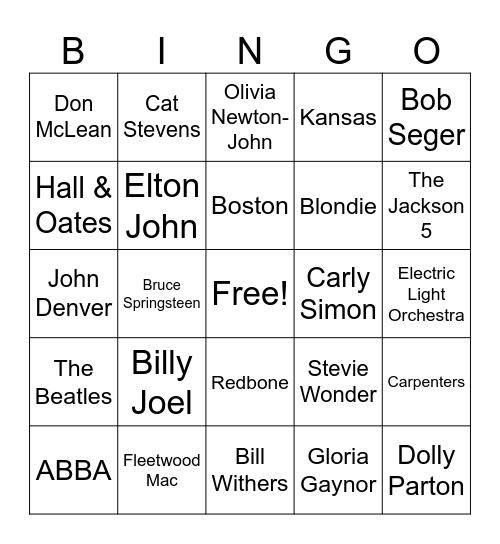 All Out 70s Bingo Card