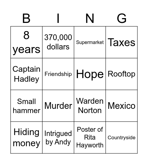 Shawshank Bingo Card