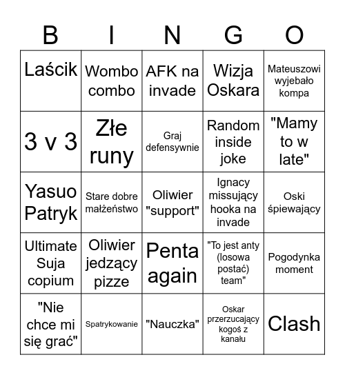 Bingo z wieczornego grania Bingo Card