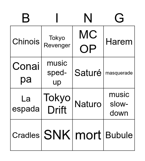 tt anime Bingo Card