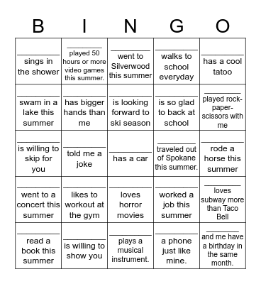 Getting To Know You Bingo Card