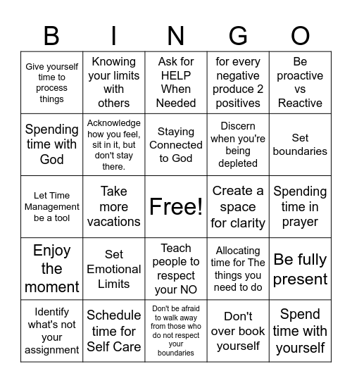 Preventing Burnout Bingo Card