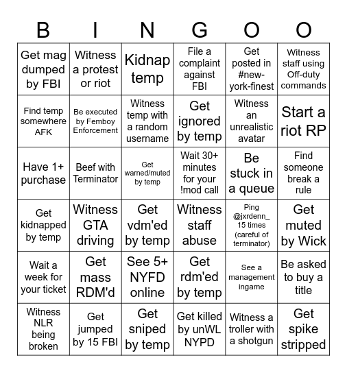 New York Bingo Card