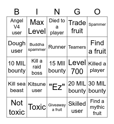 Blox Fruits Bingo Card