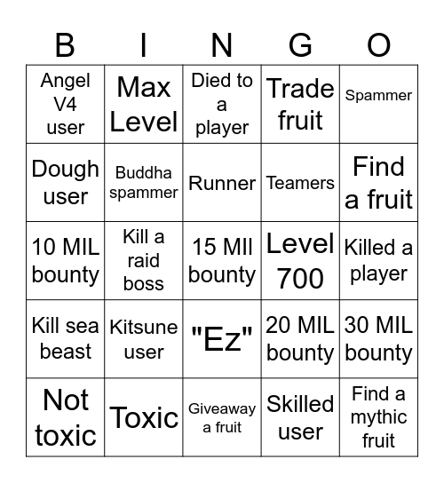 Blox Fruits Bingo Card