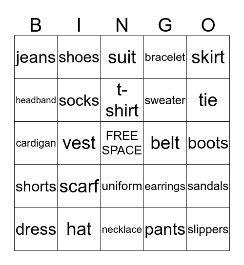 Clothing Bingo Card