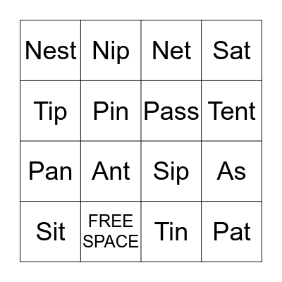 Phonics: S, A, T, I, P, N Bingo Card