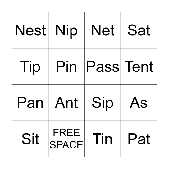 Phonics: S, A, T, I, P, N Bingo Card