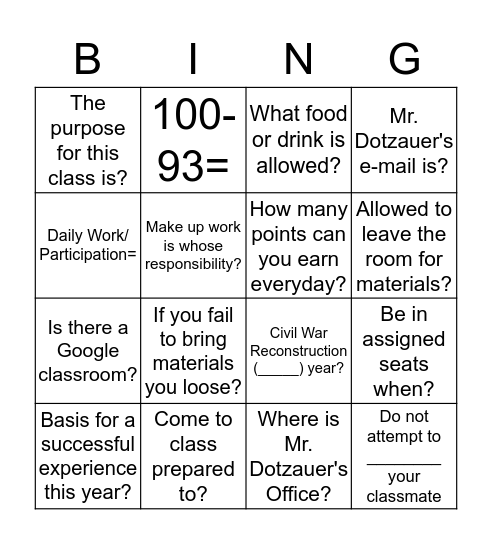 American Studies Syllabus Bingo Card