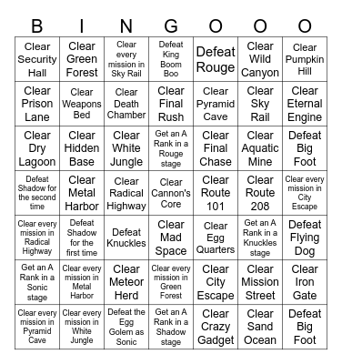 Sonic Adventure 2 Bingo Card