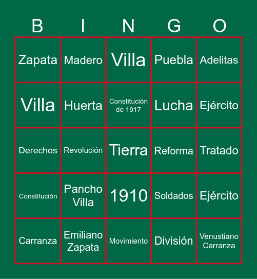 Revolucion Mexicana Bingo Card