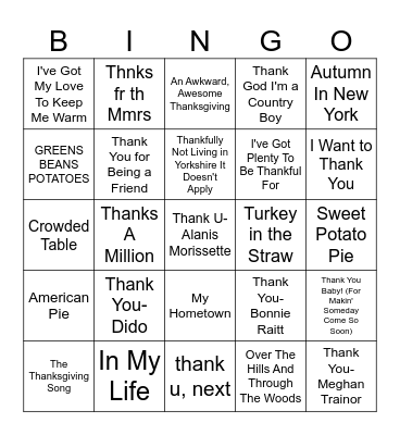 Thankful/Grateful/Thanksgiving Songs Bingo Card
