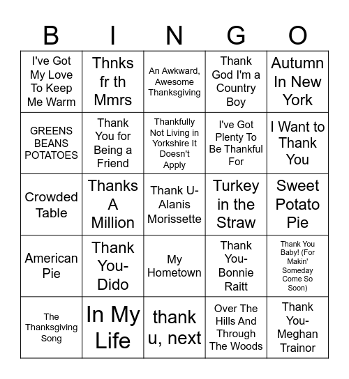 Thankful/Grateful/Thanksgiving Songs Bingo Card