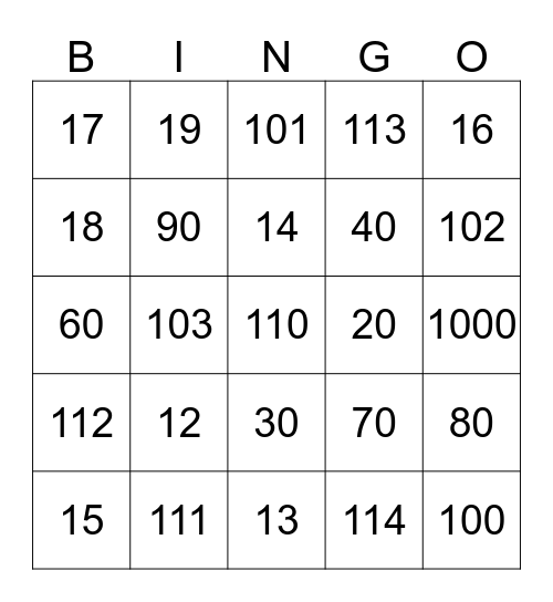 Numbers Bingo Card