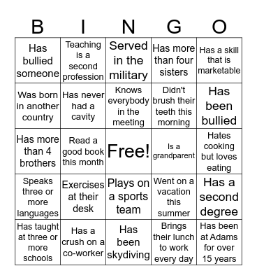 Get-to-know-you Bingo Card