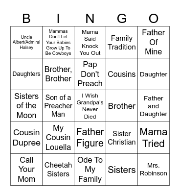 Family Songs Bingo Card