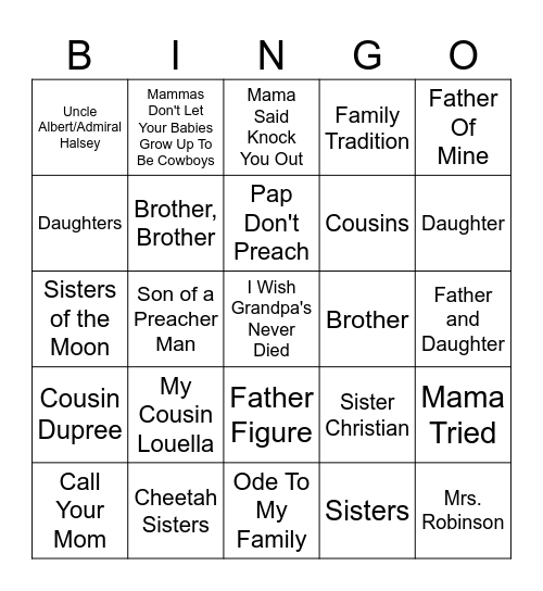 Family Songs Bingo Card