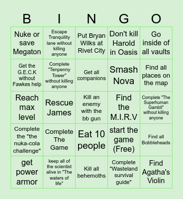 Fallout 3 Challenge Bingo Card